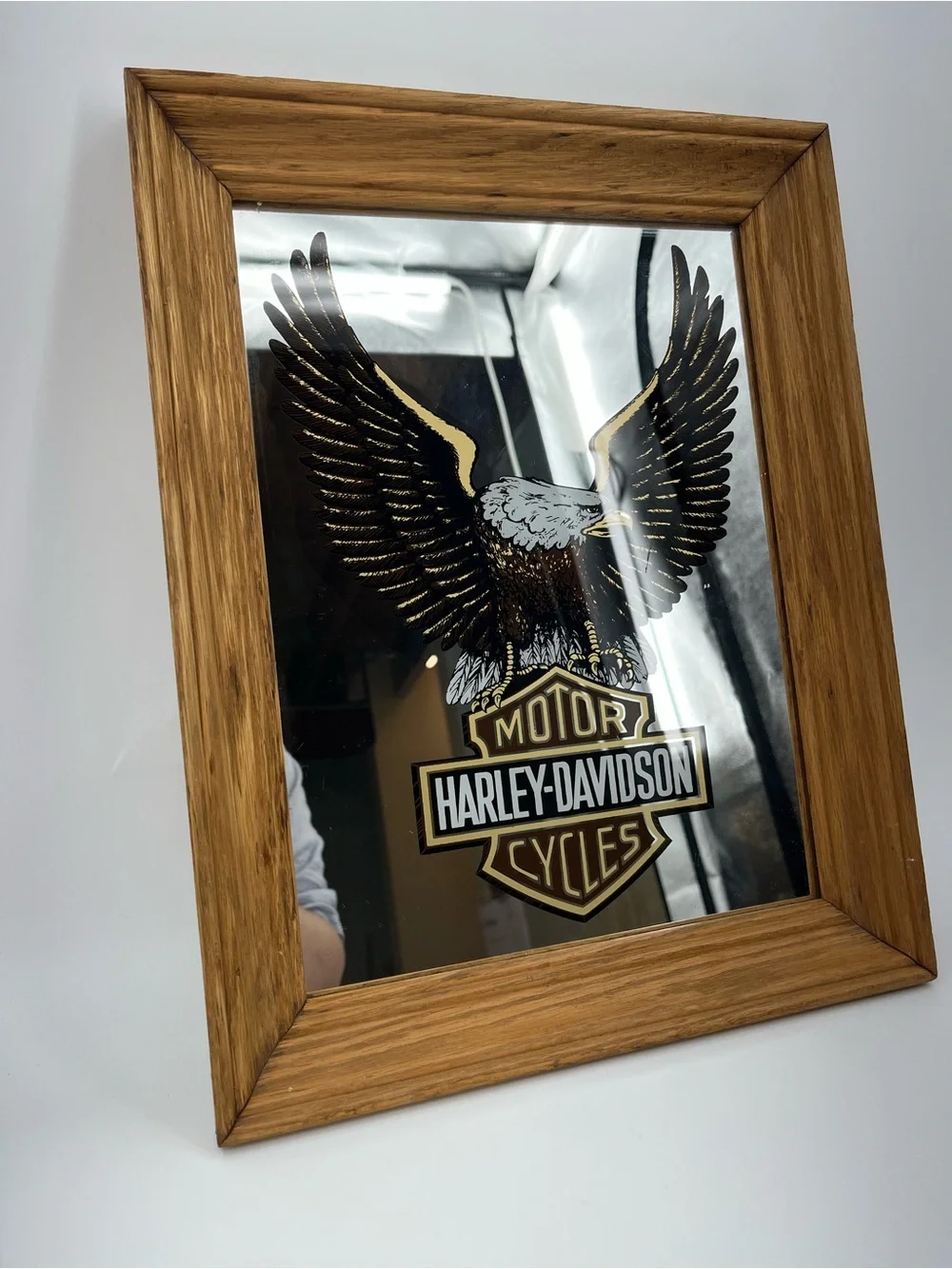 Vintage Harley-Davidson Bar Framed Wall 0820 Mirror logo 90s 80s wood eagle